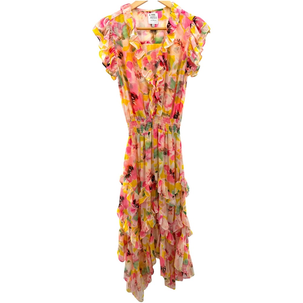 MISA Los Angeles Dakota Dress Hello Yellow Flora Ruffle Chiffon Midi Dress XS